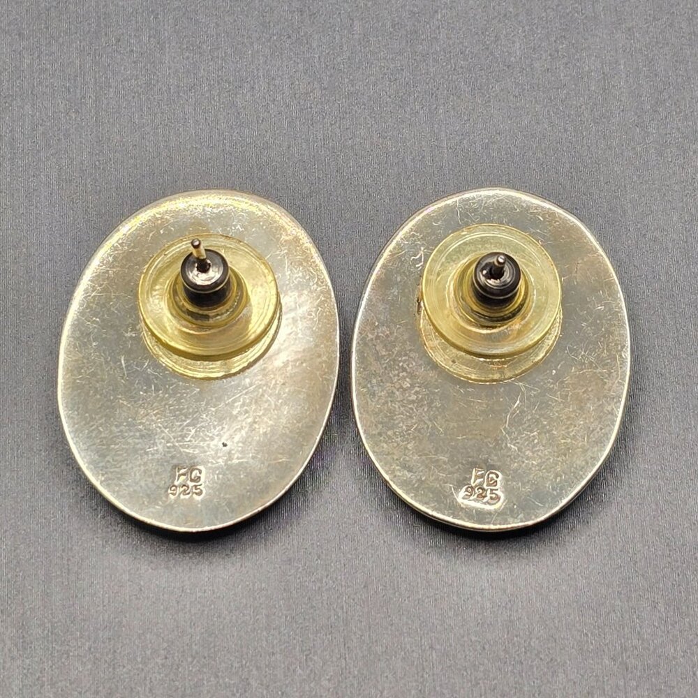VTG Sterling Silver Floral Stud Earrings 1.25" Hollow Oval Signed FG 8.11g - Picture 3 of 10